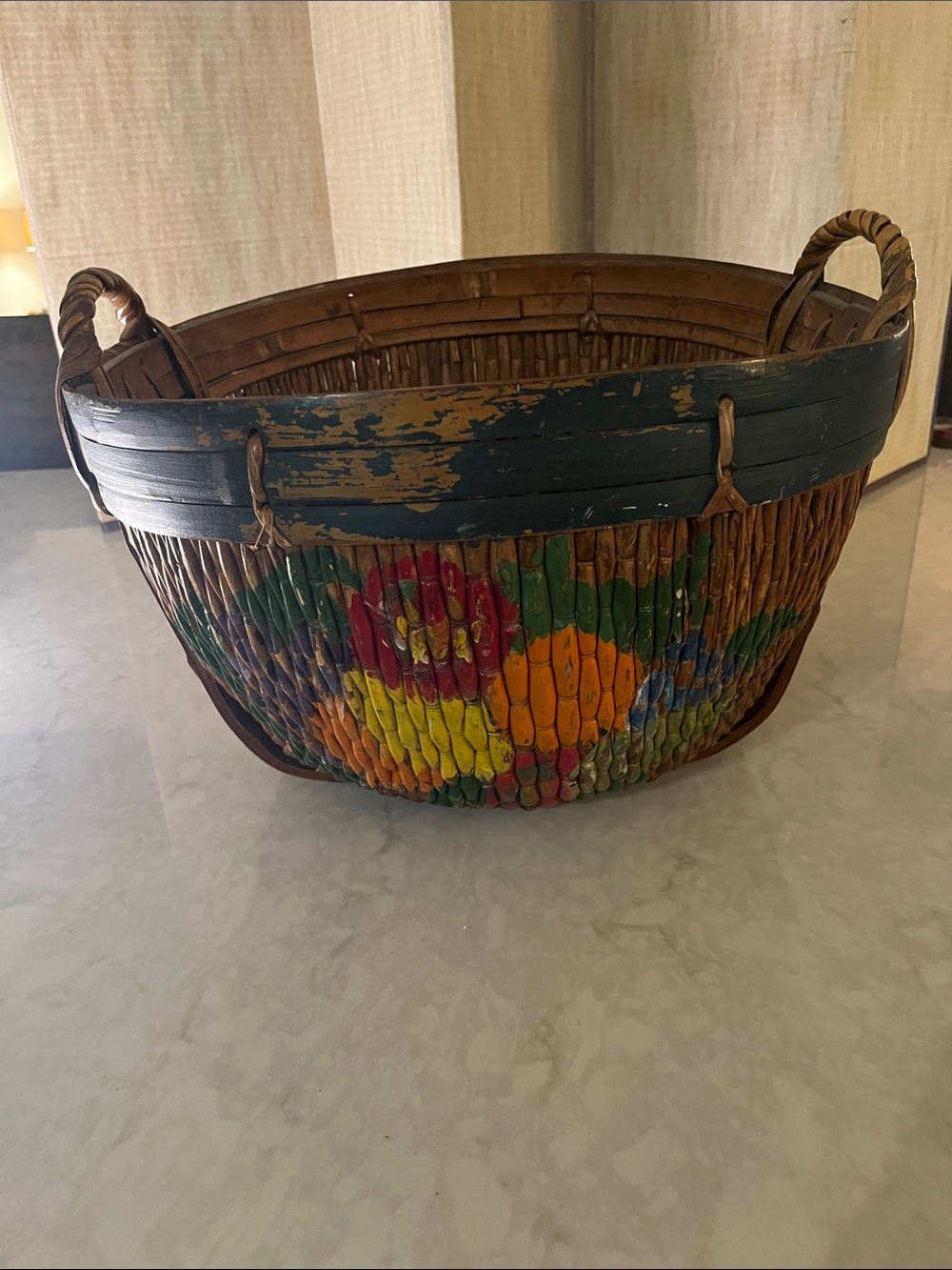 Vintage large Chinese Orchard Harvest Basket bamboo slats reinforced joints